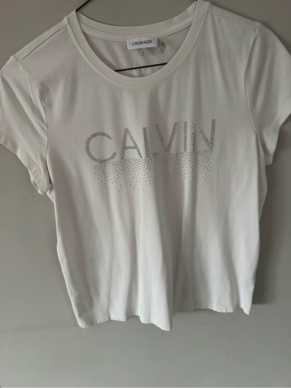 Calvin Klein Exercise Tee Women’s White Silver Sparkle Crystal Logo Tee Athletic
